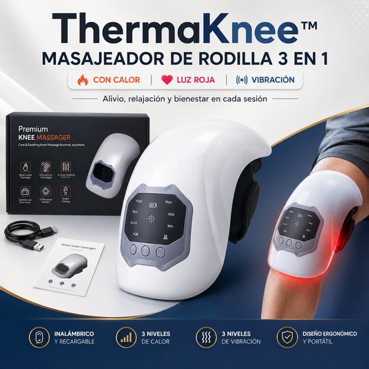 🦵 ThermaKnee™ | 🔥 Masajeador de Rodilla 3 en 1 con Calor, Luz Roja y Vibración ✨